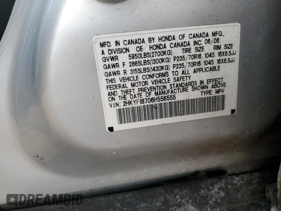 2006 Honda Pilot EX-L with VIN 2HKYF18706H556555, listed as a Copart auction lot 42933585 with 132,080 mi miles and Salvage Title. Bid and sale history available at DreamBid. Image 12.
