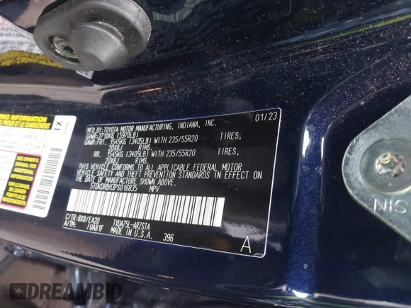 2023 Toyota Highlander L with VIN 5TDKDRBH3PS016835, listed as a IAAI auction lot 41683201 with 20,199 mi miles and . Bid and sale history available at DreamBid. Image 9.