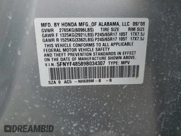 2009 Honda Pilot EX-L with VIN 5FNYF48589B034307, listed as a Copart auction lot 52357235 with 198,843 mi miles and Non Repairable. Bid and sale history available at carsss.com. Image 15.