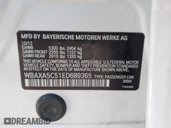 2014 BMW 5 Series 535d with VIN WBAXA5C51ED689365, listed as a IAAI auction lot 41852062 with 144,652 mi miles and . Bid and sale history available at carsss.com. Image 9.