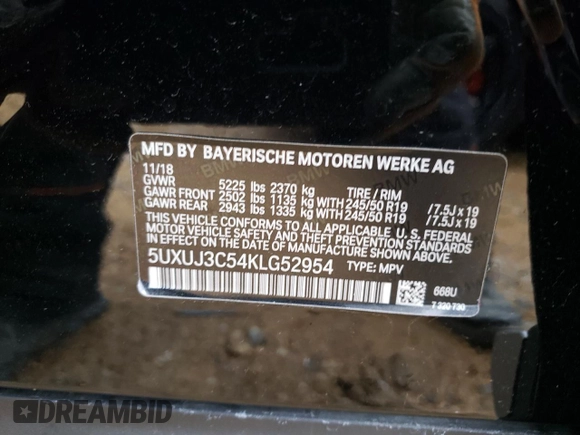 2019 BMW X4 xDrive30i with VIN 5UXUJ3C54KLG52954, listed as a Copart auction lot 37513493 with 51,678 mi miles. Bid and sale history available at carsss.com. Image 13.