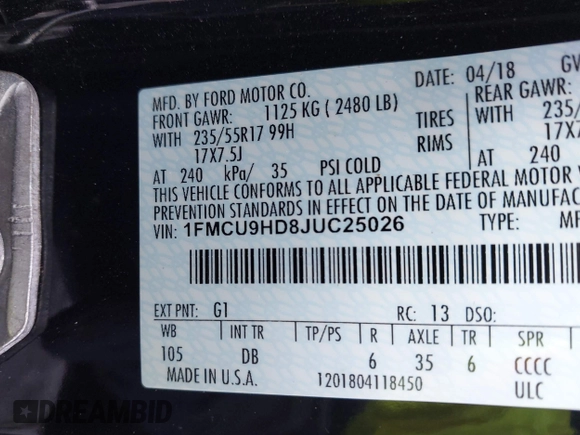 2018 Ford Escape SEL with VIN 1FMCU9HD8JUC25026, listed as a IAAI auction lot 41840888 with 110,325 mi miles. Bid and sale history available at carsss.com. Image 9.
