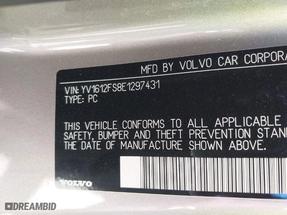2014 Volvo S60 T5 with VIN YV1612FS8E1297431, listed as a IAAI auction lot 41876534 with 105,483 mi miles. Bid and sale history available at carsss.com. Image 9.
