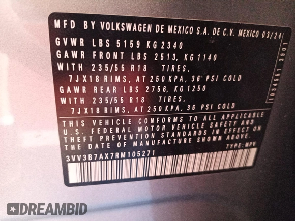2024 Volkswagen Tiguan SE z VIN 3VV3B7AX7RM105271, wystawiony jako IAAI lot #42752403 z przebiegiem 27 050 mil mil oraz . Historia ofert i sprzedaży dostępna na DreamBid. Obrazek 27.