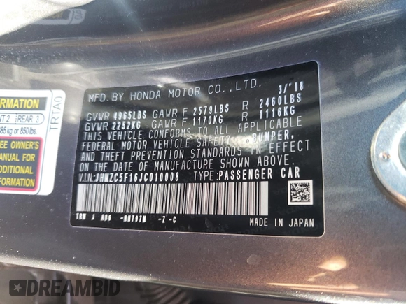 2018 Honda Clarity Plug-In Hybrid with VIN JHMZC5F16JC010008, listed as a Copart auction lot 74903663 with 46,757 mi miles. Bid and sale history available at carsss.com. Image 12.