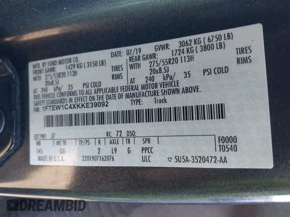2019 Ford F-150 XL with VIN 1FTEW1C4XKKE39092, listed as a IAAI auction lot 41823989 with 49,430 mi miles and . Bid and sale history available at DreamBid. Image 9.