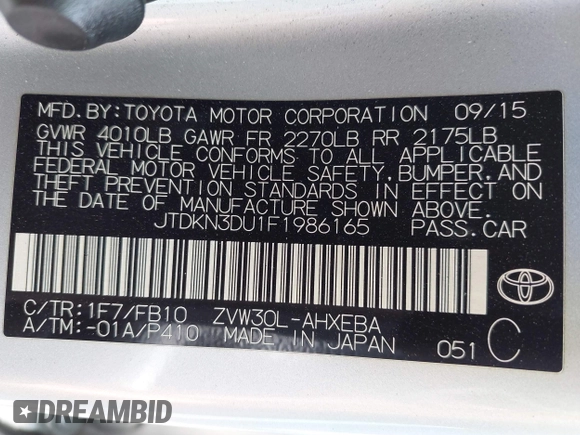 2015 Toyota Prius Four with VIN JTDKN3DU1F1986165, listed as a IAAI auction lot 42281036 with 212,838 mi miles and . Bid and sale history available at DreamBid. Image 9.