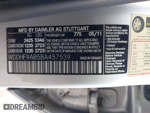 2011 Mercedes-Benz E 550 Luxury with VIN WDDHF9AB5BA457539, listed as a IAAI auction lot 42013168 with 89,572 mi miles and . Bid and sale history available at DreamBid. Image 9.