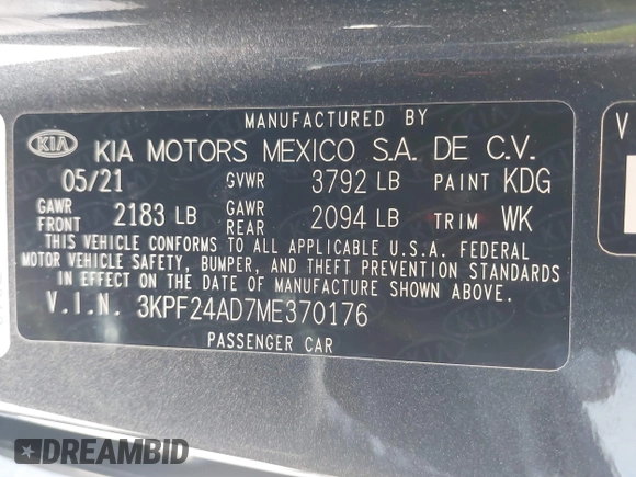 2021 Kia Forte LXS with VIN 3KPF24AD7ME370176, listed as a IAAI auction lot 41762420 with 24,458 mi miles. Bid and sale history available at carsss.com. Image 9.