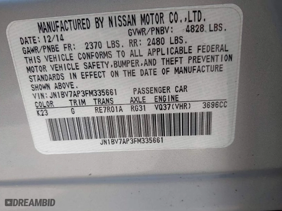 2015 Infiniti Q50 Premium with VIN JN1BV7AP3FM335661, listed as a IAAI auction lot 41701903 with 71,037 mi miles. Bid and sale history available at carsss.com. Image 9.