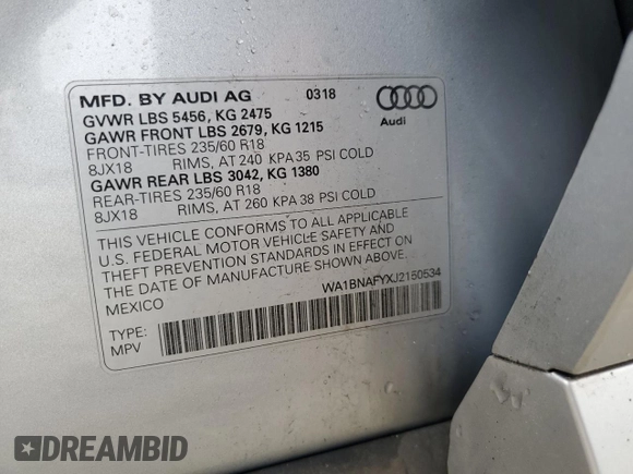 2018 Audi Q5 Premium Plus with VIN WA1BNAFYXJ2150534, listed as a Copart auction lot 59763445 with 47,983 mi miles and Salvage title. Bid and sale history available at DreamBid. Image 13.