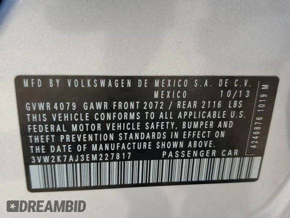 2014 Volkswagen Jetta S with VIN 3VW2K7AJ3EM227817, listed as a Copart auction lot 61415465 with 121,248 mi miles and Salvage title. Bid and sale history available at DreamBid. Image 12.