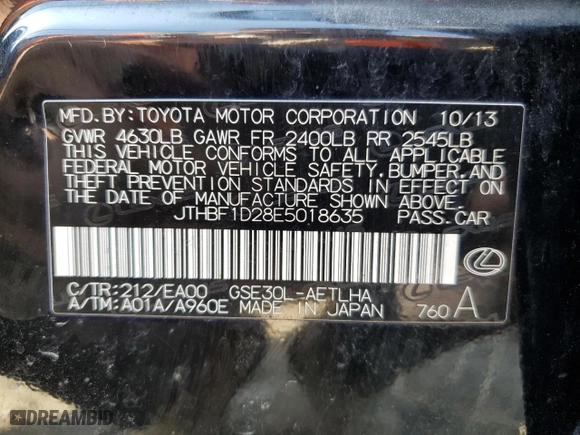 2014 Lexus IS 250 with VIN JTHBF1D28E5018635, listed as a Copart auction lot 57686544 with 150,899 mi miles and Salvage Title. Bid and sale history available at carsss.com. Image 12.