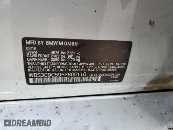 2015 BMW M3 with VIN WBS3C9C59FP805116, listed as a Copart auction lot 65659003 with 105,223 mi miles. Bid and sale history available at carsss.com. Image 12.