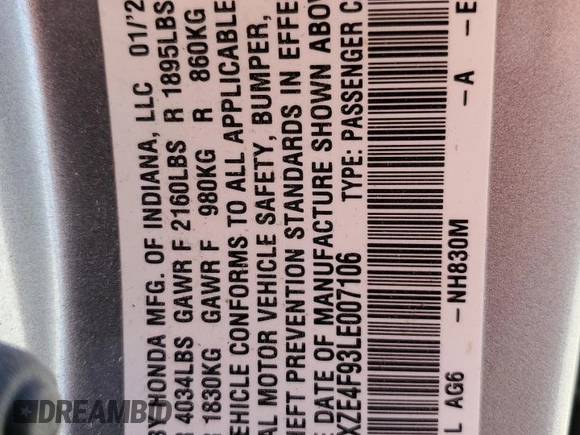 2020 Honda Insight Touring with VIN 19XZE4F93LE007106, listed as a Copart auction lot 47823085 with Not Provided miles and Non Repairable. Bid and sale history available at carsss.com. Image 12.