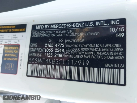 2016 Mercedes-Benz C 300 Luxury with VIN 55SWF4KB3GU117919, listed as a IAAI auction lot 41330346 with 92,810 mi miles and . Bid and sale history available at carsss.com. Image 9.