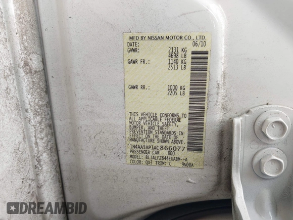 2010 Nissan Maxima SV with VIN 1N4AA5AP1AC866077, listed as a IAAI auction lot 42392347 with 110,751 mi miles and . Bid and sale history available at DreamBid. Image 9.