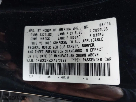 2015 Honda Accord Sedan Sport with VIN 1HGCR2F5XFA273999, listed as a IAAI auction lot 41534187 with 149,855 mi miles. Bid and sale history available at carsss.com. Image 9.