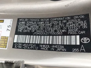 2007 Toyota Prius with VIN JTDKB20U277550383, listed as a IAAI auction lot 42101916 with 186,708 mi miles. Bid and sale history available at carsss.com. Image 9.