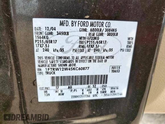 2005 Ford F-150 XLT с VIN 1FTRW12W45KC60877, выставлен на аукционе Copart как лот 58039515 с пробегом Не указан миль и Списание • Salvage title. История ставок и продаж доступна на DreamBid. Изображение 12.