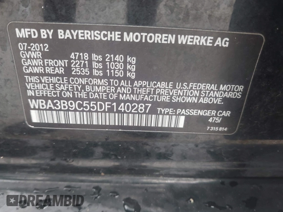 2013 BMW 3 Series 335i xDrive with VIN WBA3B9C55DF140287, listed as a IAAI auction lot 42658681 with 111,086 mi miles and . Bid and sale history available at DreamBid. Image 9.