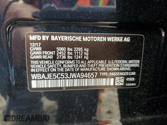 2018 BMW 5 Series 540i with VIN WBAJE5C53JWA94657, listed as a Copart auction lot 51058014 with 63,460 mi miles and Salvage Title. Bid and sale history available at carsss.com. Image 14.