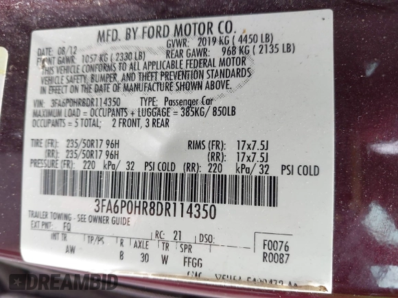 2013 Ford Fusion SE with VIN 3FA6P0HR8DR114350, listed as a IAAI auction lot 42189415 with 187,407 mi miles and . Bid and sale history available at DreamBid. Image 9.