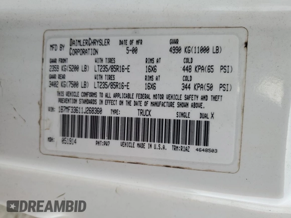 2001 Dodge Ram 3500 with VIN 1B7MF33611J268360, listed as a Copart auction lot 82410844 with 0 mi miles and Salvage Title. Bid and sale history available at carsss.com. Image 12.
