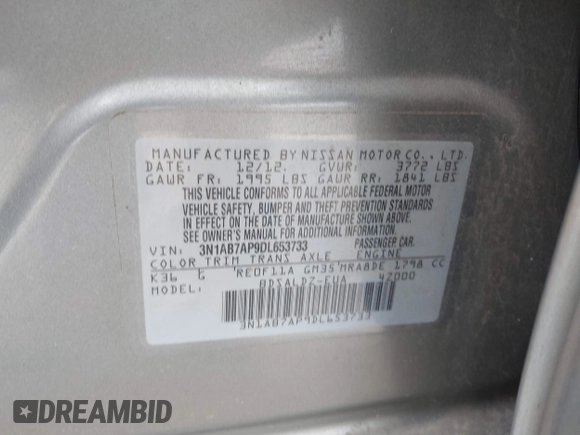2013 Nissan Sentra SV with VIN 3N1AB7AP9DL653733, listed as a IAAI auction lot 41730100 with Not Provided miles and . Bid and sale history available at DreamBid. Image 9.