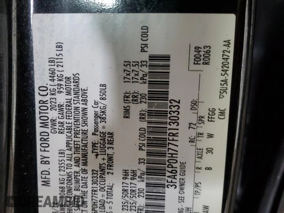 2015 Ford Fusion SE z VIN 3FA6P0H77FR130332, wystawiony jako Copart lot #43928615 z przebiegiem 240 042 mil mil oraz Szkoda całkowita • Salvage title. Historia ofert i sprzedaży dostępna na DreamBid. Obrazek 12.