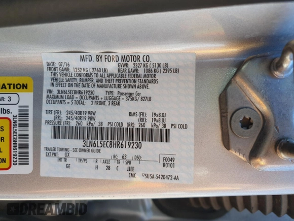 2017 Lincoln MKZ Reserve с VIN 3LN6L5EC8HR619230, выставлен на аукционе Copart как лот 60032165 с пробегом 89 016 миль миль и Списание • Salvage title. История ставок и продаж доступна на DreamBid. Изображение 13.
