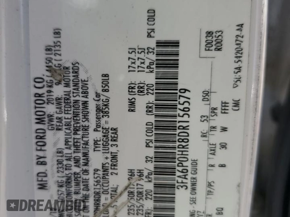 2013 Ford Fusion SE with VIN 3FA6P0HR8DR156579, listed as a Copart auction lot 53711865 with Not provided miles and Salvage title. Bid and sale history available at DreamBid. Image 13.