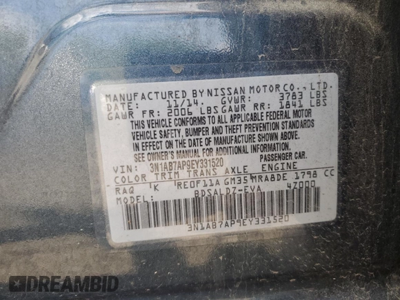2014 Nissan Sentra S with VIN 3N1AB7AP9EY331520, listed as a Copart auction lot 53931085 with 106,587 mi miles and Salvage Title. Bid and sale history available at DreamBid. Image 13.