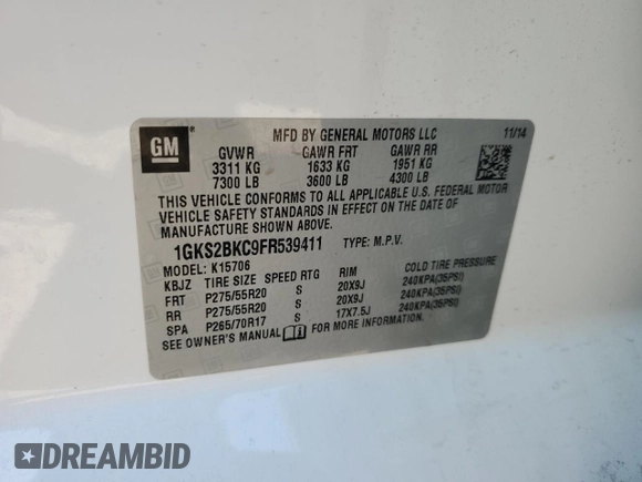 2015 GMC Yukon SLT z VIN 1GKS2BKC9FR539411, wystawiony jako Copart lot #48336835 z przebiegiem 176 994 mil mil oraz Szkoda całkowita • Salvage title. Historia ofert i sprzedaży dostępna na DreamBid. Obrazek 14.