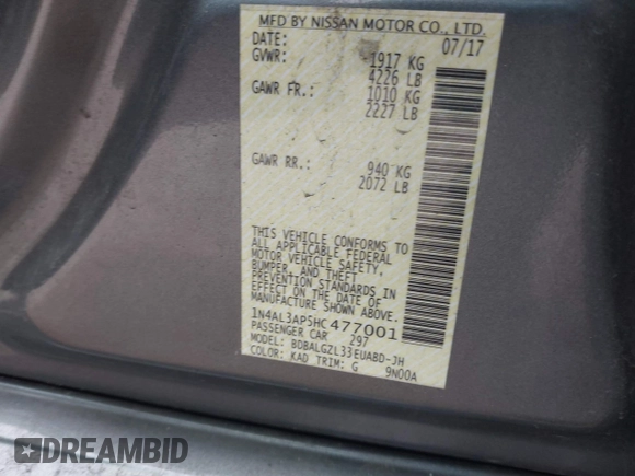 2017 Nissan Altima SV with VIN 1N4AL3AP5HC477001, listed as a IAAI auction lot 41737137 with 87,894 mi miles and . Bid and sale history available at carsss.com. Image 9.