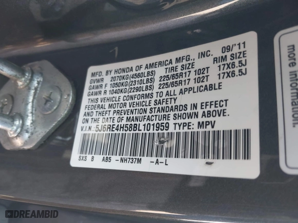 2011 Honda CR-V EX with VIN 5J6RE4H58BL101959, listed as a IAAI auction lot 40748077 with 110,578 mi miles. Bid and sale history available at carsss.com. Image 9.
