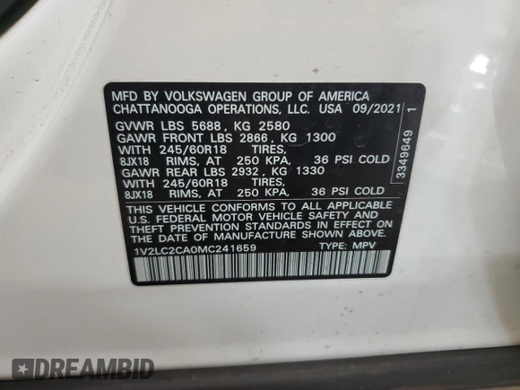 2021 Volkswagen Atlas SE with VIN 1V2LC2CA0MC241659, listed as a Copart auction lot 51997185 with 43,002 mi miles and Salvage title. Bid and sale history available at DreamBid. Image 14.