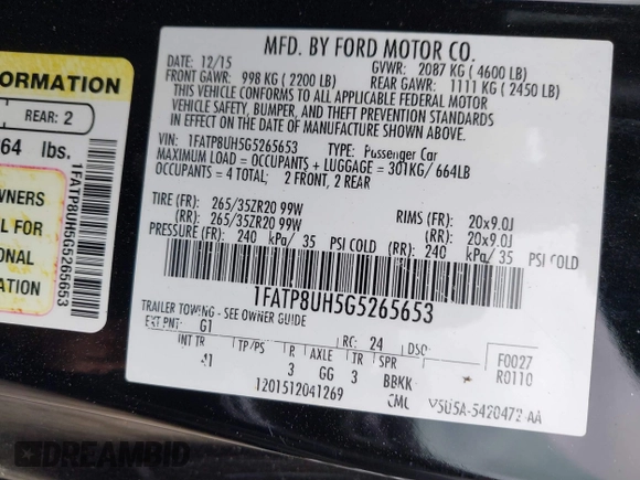 2016 Ford Mustang EcoBoost Premium with VIN 1FATP8UH5G5265653, listed as a IAAI auction lot 41835770 with 91,671 mi miles and . Bid and sale history available at carsss.com. Image 9.