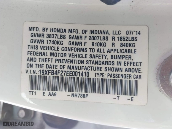 2014 Honda Civic Hybrid with VIN 19XFB4F27EE001410, listed as a IAAI auction lot 41397447 with 124,685 mi miles. Bid and sale history available at carsss.com. Image 9.