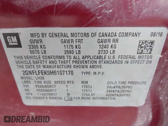 2017 Chevrolet Equinox LT with VIN 2GNFLFEK9H6107170, listed as a IAAI auction lot 42159884 with 118,228 mi miles. Bid and sale history available at carsss.com. Image 9.