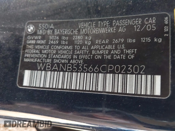2006 BMW 5 Series 550i with VIN WBANB53566CP02302, listed as a IAAI auction lot 41238940 with 117,939 mi miles and . Bid and sale history available at DreamBid. Image 9.