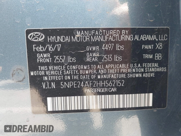 2017 Hyundai Sonata SE with VIN 5NPE24AF2HH562152, listed as a IAAI auction lot 41883250 with 178,328 mi miles. Bid and sale history available at carsss.com. Image 9.