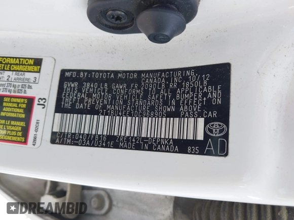 2013 Toyota Corolla L with VIN 2T1BU4EE1DC968905, listed as a IAAI auction lot 41535772 with 150,000 mi miles and . Bid and sale history available at DreamBid. Image 9.