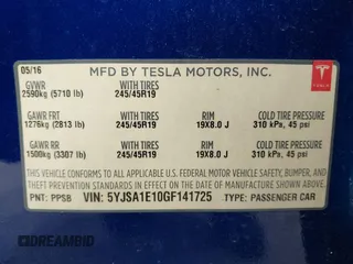 2016 Tesla Model S 70 with VIN 5YJSA1E10GF141725, listed as a IAAI auction lot 41878171 with 119,025 mi miles and . Bid and sale history available at DreamBid. Image 9.