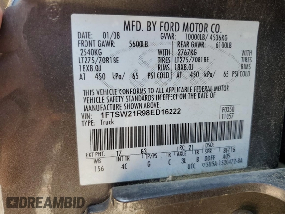2008 Ford F-250 XL z VIN 1FTSW21R98ED16222, wystawiony jako Copart lot #58410105 z przebiegiem 223 806 mil mil oraz Szkoda całkowita • Salvage title. Historia ofert i sprzedaży dostępna na DreamBid. Obrazek 12.