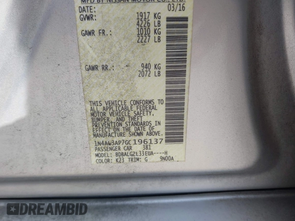 2016 Nissan Altima SV with VIN 1N4AL3AP7GC196137, listed as a IAAI auction lot 41675480 with 116,301 mi miles and . Bid and sale history available at DreamBid. Image 9.