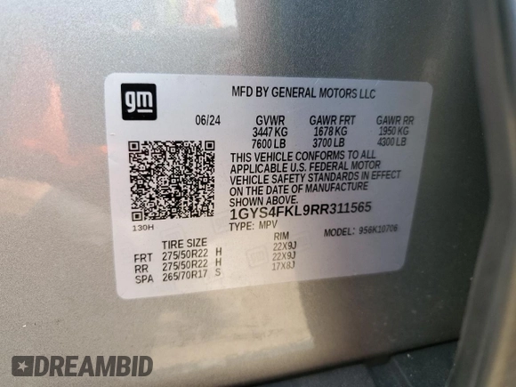 2024 Cadillac Escalade 4WD Sport with VIN 1GYS4FKL9RR311565, listed as a Copart auction lot 54236255 with 9,505 mi miles and Salvage title. Bid and sale history available at DreamBid. Image 13.