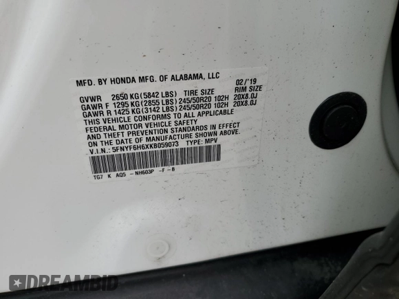 2019 Honda Pilot Touring 7-Passenger with VIN 5FNYF6H6XKB059073, listed as a Copart auction lot 59564345 with 81,599 mi miles and Salvage title. Bid and sale history available at DreamBid. Image 12.