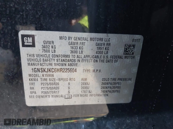 2017 Chevrolet Suburban Premier with VIN 1GNSKJKC6HR225604, listed as a IAAI auction lot 40962301 with Not Provided miles and . Bid and sale history available at DreamBid. Image 9.