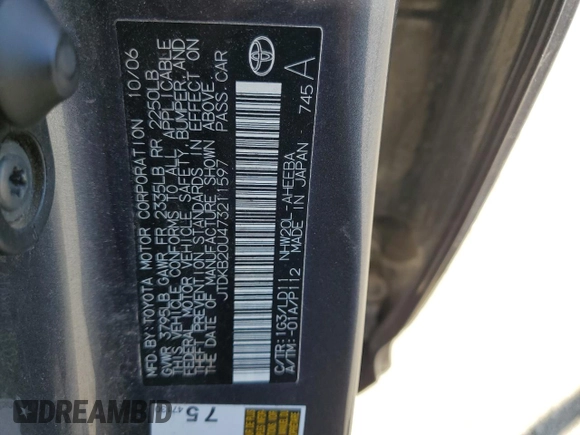 2007 Toyota Prius z VIN JTDKB20U473211597, wystawiony jako Copart lot #58437915 z przebiegiem 252 737 mil mil oraz Szkoda całkowita • Salvage title. Historia ofert i sprzedaży dostępna na DreamBid. Obrazek 12.